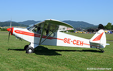 Piper PA-18-150 Super Cub | SE-CEH | private  |  This Piper PA-18 was built in 1957 and was registered on 03AUG1957 to ANA-Fly at Nyköping. It remains in the Swedish registry ever since. It is now based at Altenrhein. | LSZF 28.06.2025