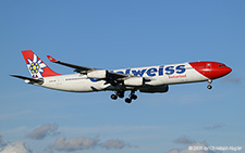 Airbus A340-313X | HB-JMF | Edelweiss Air  |  This Airbus A340-300 of Edelweiss Air is said to be one of the next aircraft of this type to be withdrawn from use. It is seen here arriving from Bogota as flight EDW92. | Z&UUML;RICH (LSZH/ZRH) 03.11.2025